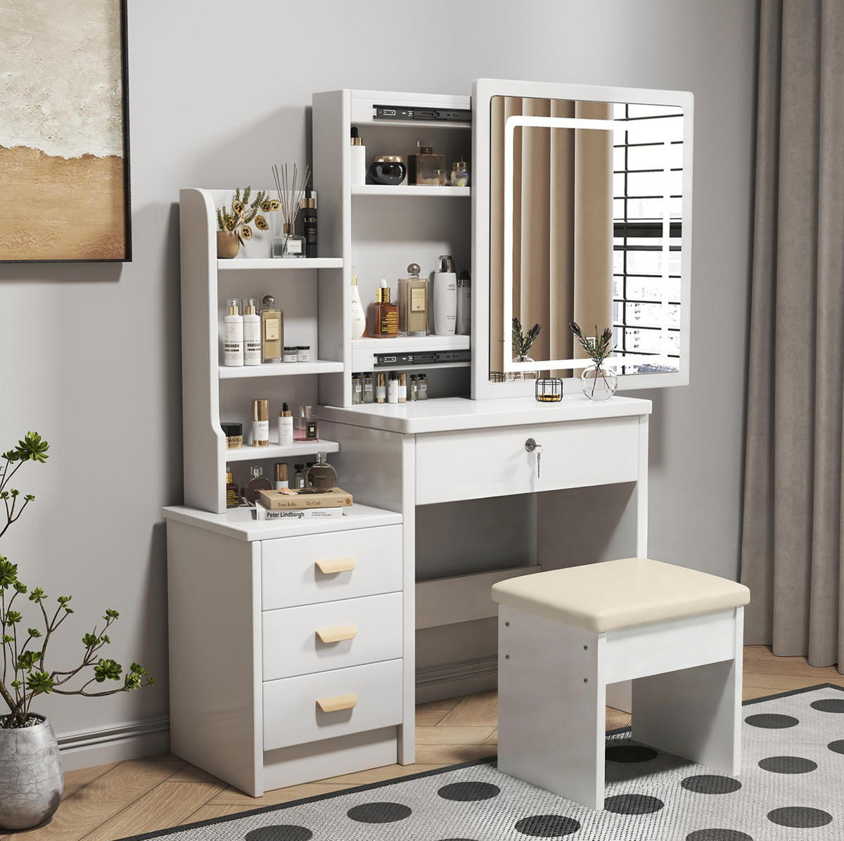 SCHMINKTISCH 85/36/130 cm mit LED-Spiegel, 4 Schubladen, seitlichen Ablagen und Hocker aus MDF, Weiß - Weiß, Holzwerkstoff (85/130/36cm) - Redom