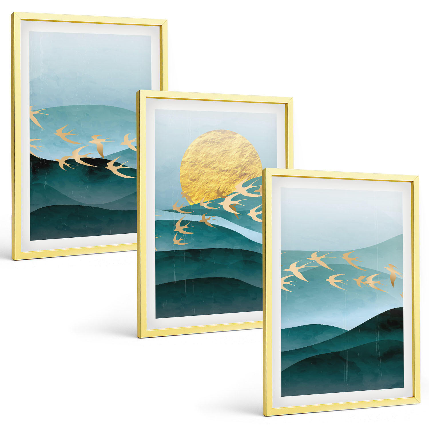 BILDER SET 3er Set - 40x60 cm Goldrahmen - Abstrakte Sonnenuntergangslandschaften - Goldfarben, Kunststoff (40/60cm) - TULUP