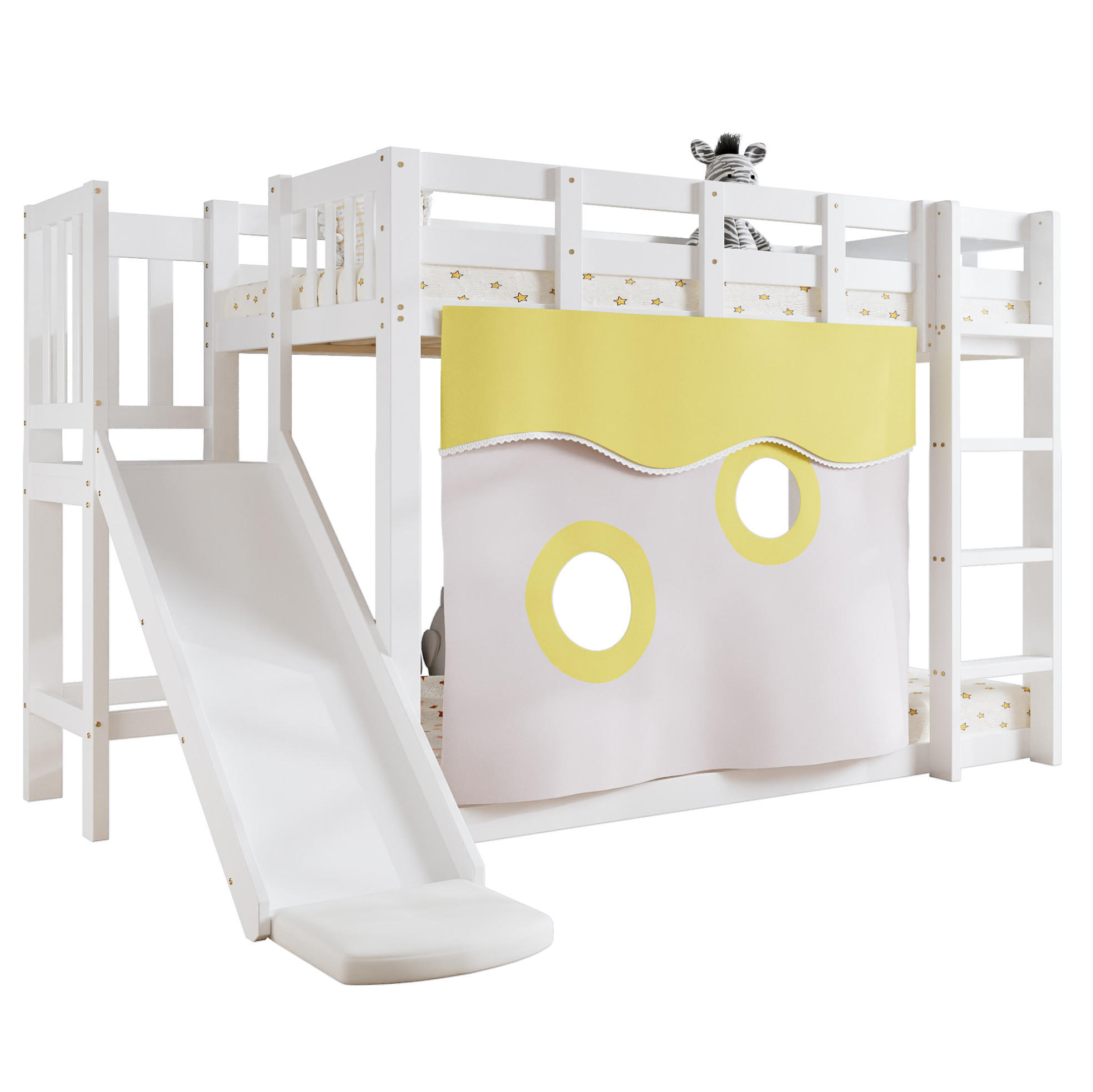ETAGENBETT 90/200 cm Weiß mit Treppe, Rutsche und Bettvorhang - Weiß, Holzwerkstoff (90/200cm) - Flora Grace