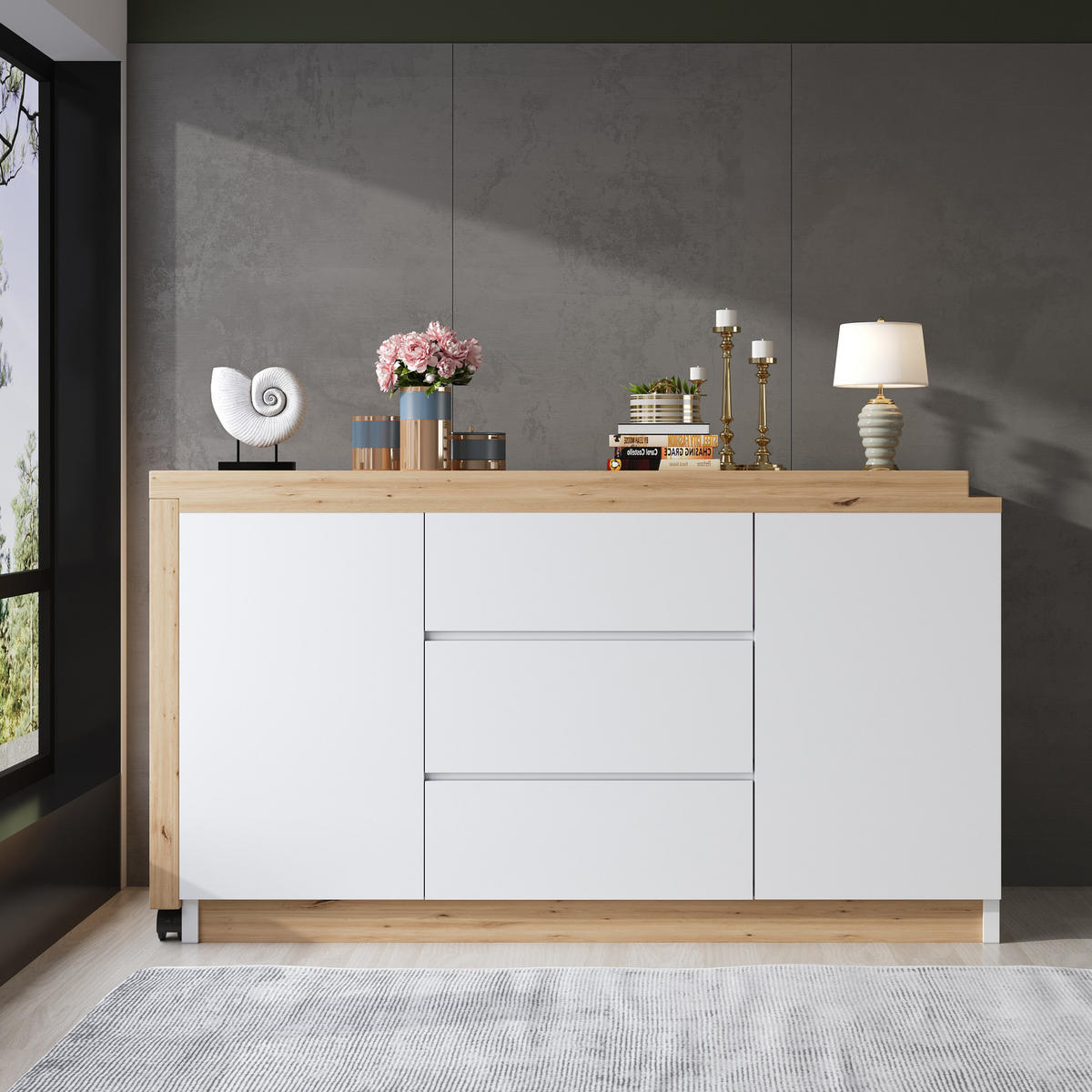 SCHREIBTISCH drehbar & klappbar 120 x 50 cm Weiß/Eiche mit Stauraum - Eichefarben, Holz (120/50/76.5cm) - Meubliv
