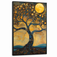 LEINWAND Bilder mit Rahmen - Baum - Mond - Blumen - Gold - Kunst - 90x140 - Orange, Textil (90/140cm) - MuchoWow