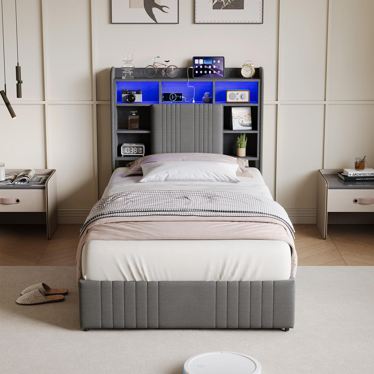 EINZELBETT 90/200 cm Grau mit Schubladen und LED-Beleuchtung - Grau, Holz (90/200cm) - SHOPENTRA