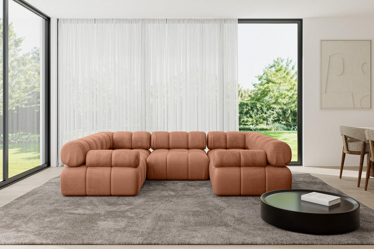 WOHNLANDSCHAFT modulares Sofa Birno-U1 - 285x190x70 cm Apricot Velours - Koralle, Holzwerkstoff/Textil (285/70/190cm) - ALTDECOR