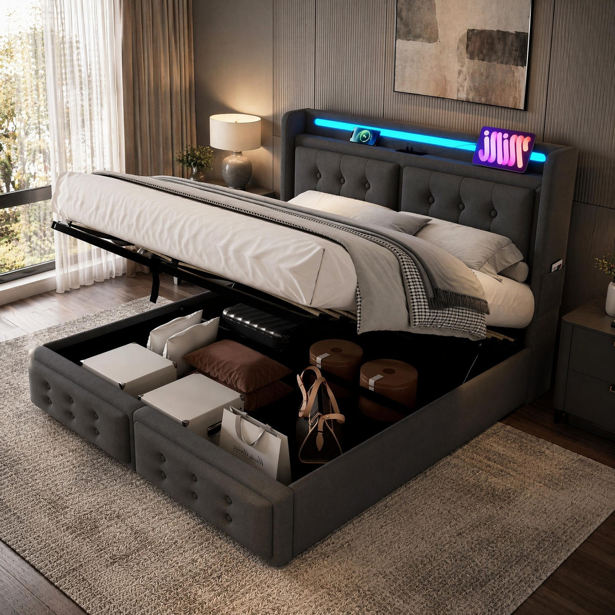 POLSTERBETT 160/200 mit Bettkasten, LED und USB in Grau - Grau, Holzwerkstoff/Textil (160/200cm) - EVRYAE
