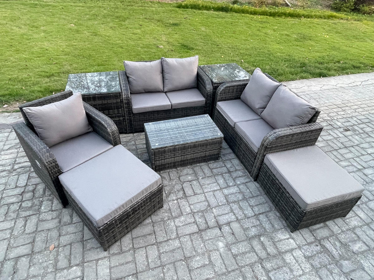 LOUNGESOFA-SET Polyrattan Dunkelgrau 7-Sitzer - Dunkelgrau, Metall - Fimous