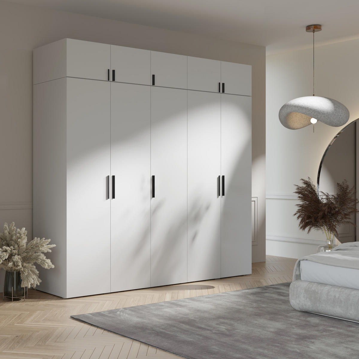 DREHTÜRENSCHRANK mit Aufsatz Napoli 5D 250 Weiß (schwarzer oder goldener Griff) - Silberfarben/Schwarz, Holzwerkstoff/Kunststoff (250/35/60cm) - mzm24