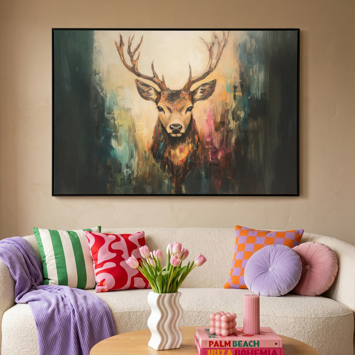 LEINWAND Bilder mit Rahmen - Hirsch - Gemalt - Geweih - Braun - 150x100 - Haselnussfarben, Textil (150/100cm) - MuchoWow