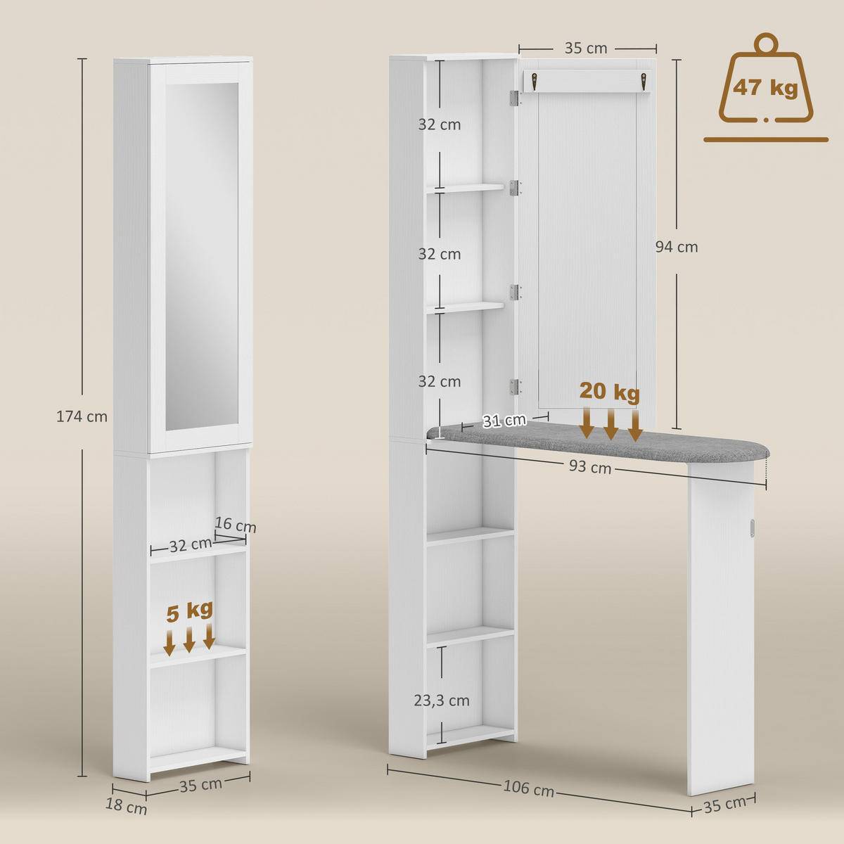 BÜGELBRETTSCHRANK DE-09593 Weiß - Weiß, Holzwerkstoff (106/174/35cm) - ComfortXL