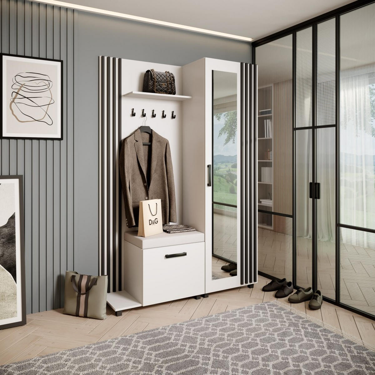 GARDEROBENSCHRANK Livia mit Aufhängern und Spiegel, Weiß, links - Schwarz/Weiß, Holzwerkstoff (137/207/42cm) - Beautysofa