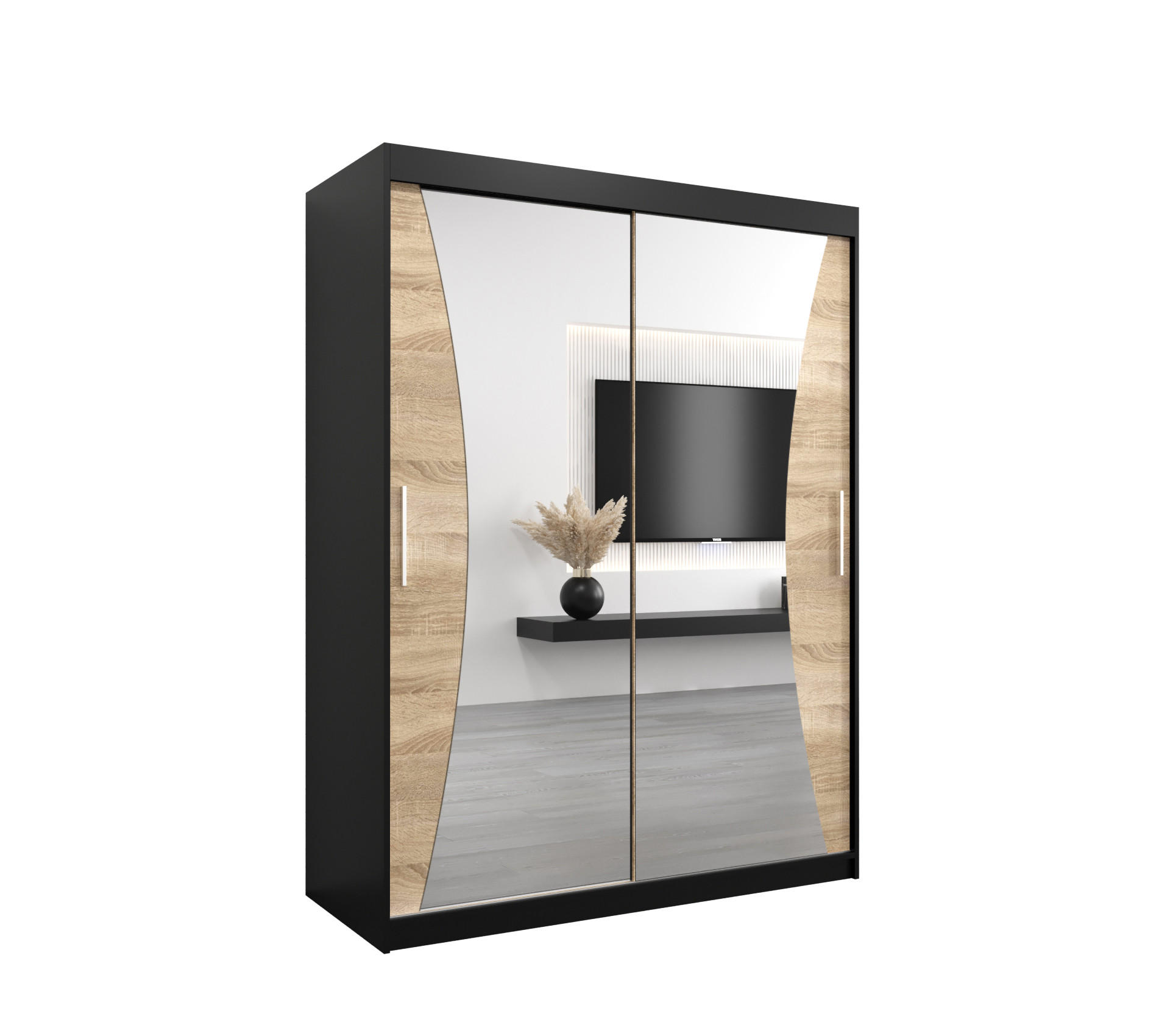 Abiks Möbel Schwebetürenschrank Schwarz, Sonoma Eiche 150x200x62 cm