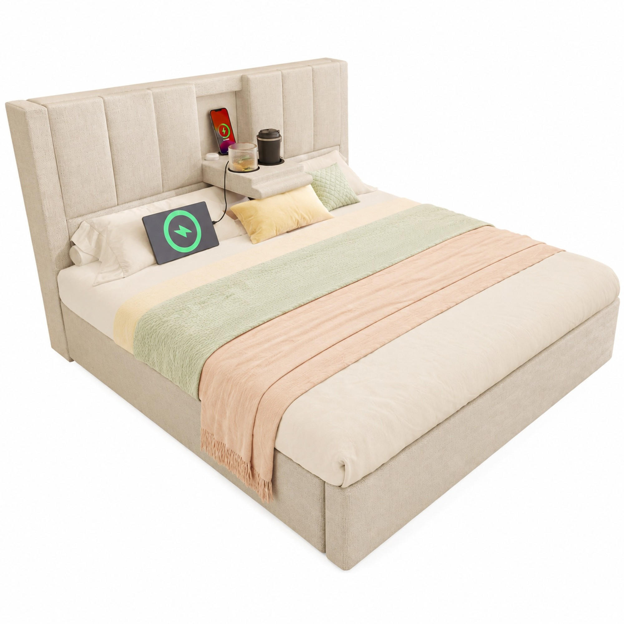POLSTERBETT 140/200 mit Bettkasten, USB und Becherhalter in Beige - Beige, Holzwerkstoff/Textil (140/200cm) - EVRYAE