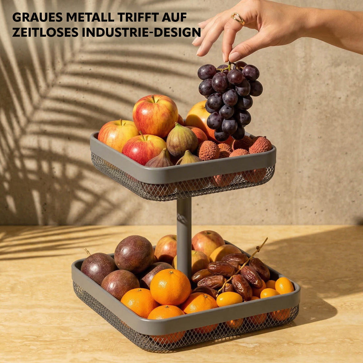 OBSTETAGERE eckig, 2-stöckig, 20 x 20 cm und 30 x 30 cm, grau, Metall - Grau, Metall (31cm) - eluno