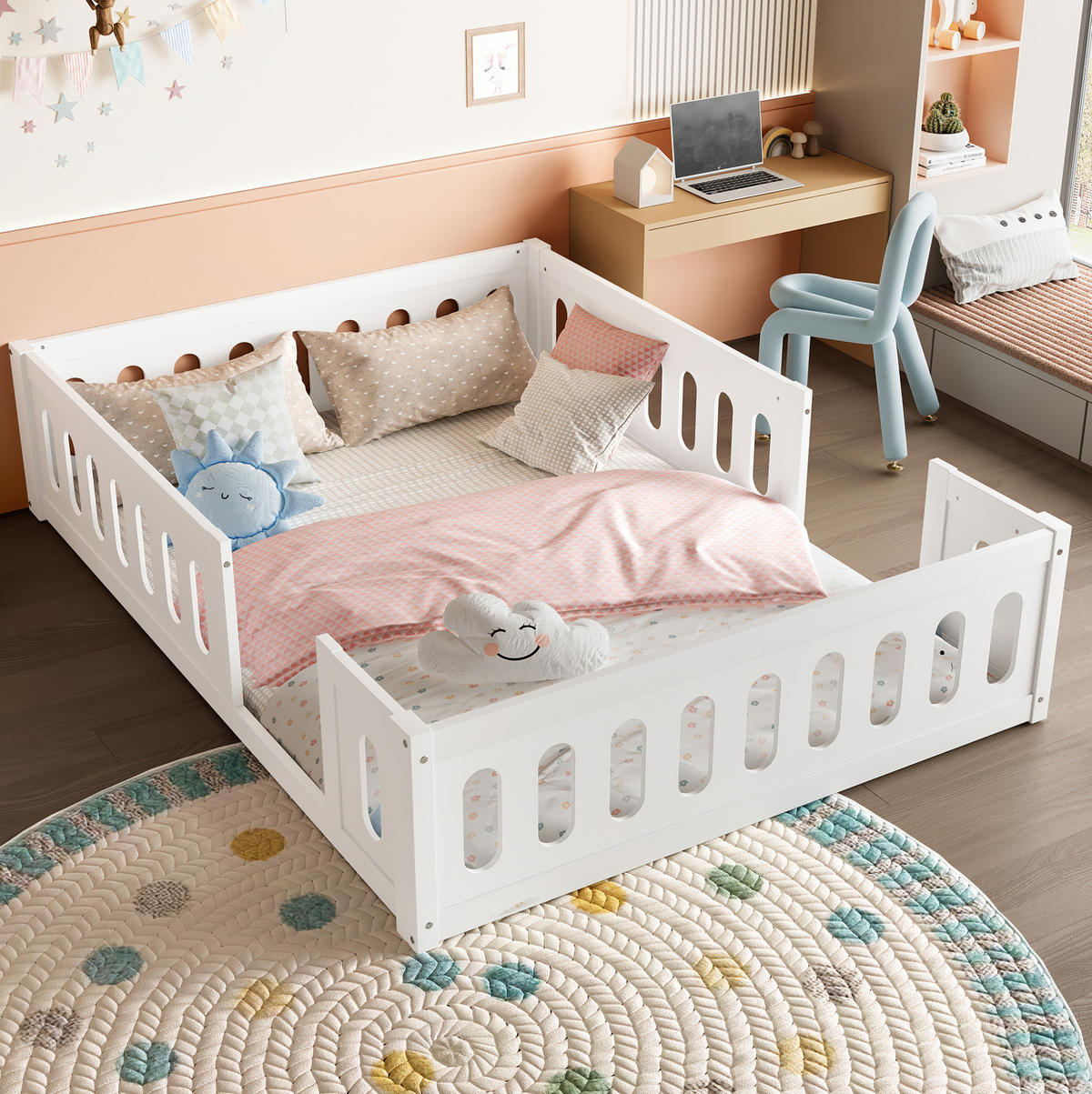 KINDERBETT 140/200 cm weiß aus Kiefernholz und MDF mit Geländer - Weiß, Holzwerkstoff (140/200cm) - OKWISH
