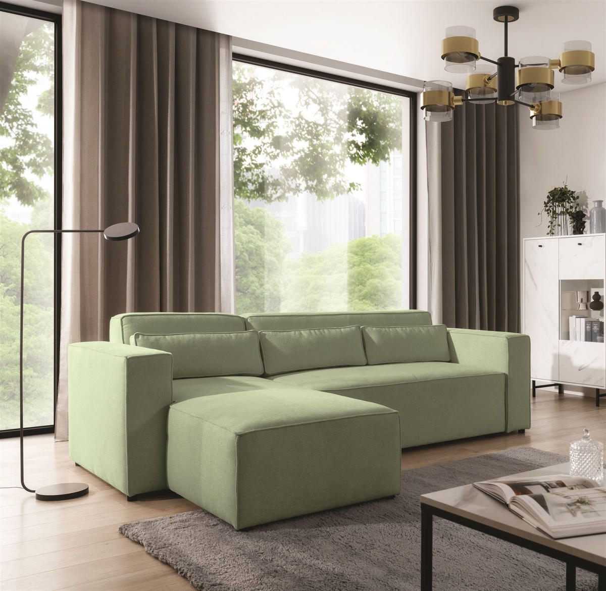 ECKSOFA Schlafsofa Waldo In Stoff Poso - Hellgrün, Holzwerkstoff/Textil (260/173cm) - Fun Möbel