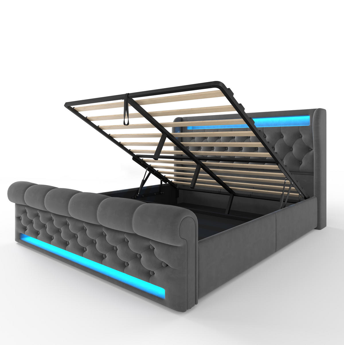 BETT mit LED und Ladestation 160x200 cm Samt Gray - Grau, Metall (160/200cm) - Meubliv