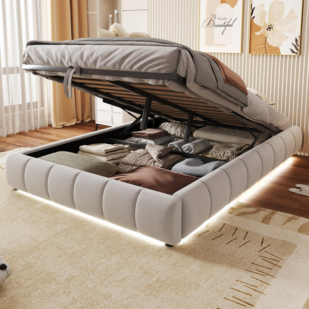 POLSTERBETT mit Stauraum und LED 140x200 cm Beige - Beige, Metall (140/200cm) - Meubliv
