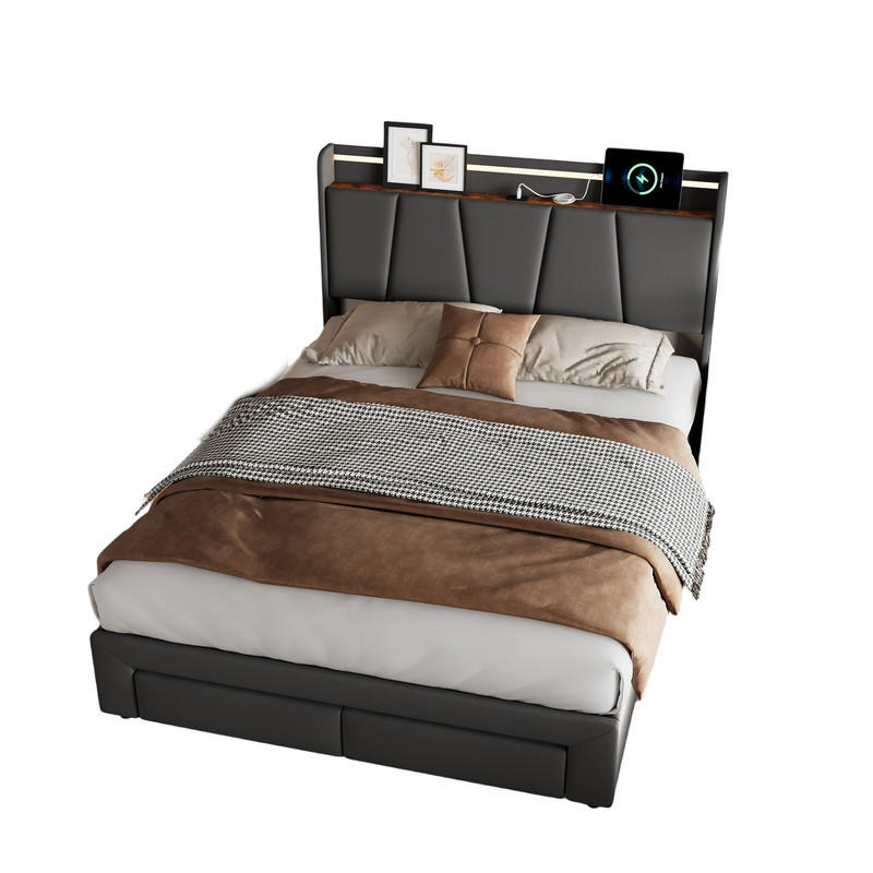 POLSTERBETT 140/190 cm grau Leinen Stauraum LED USB Schubladen - Grau, Holz