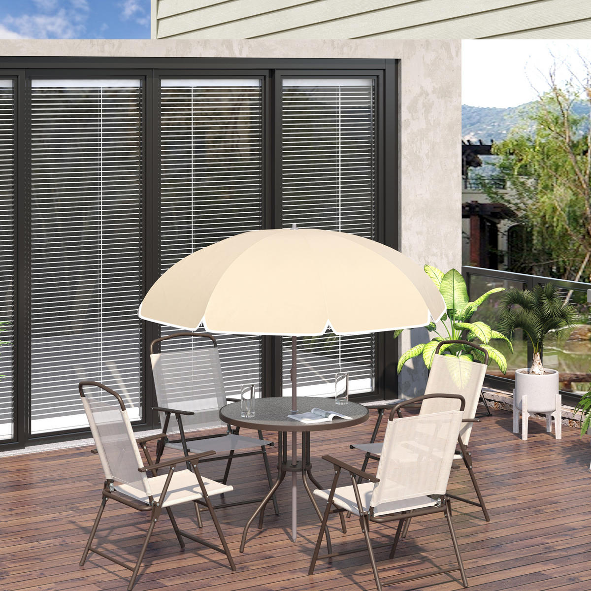 BALKONSET DE-18108 4 Klappstühle, runder Tisch und Schirm Beige - Braun, Metall - ComfortXL
