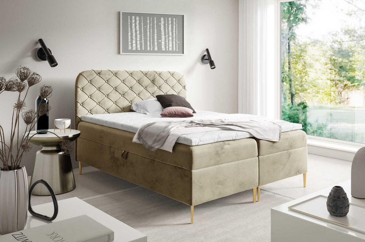 BOXSPRINGBETT 180x200 Elara, Chesterfield, 15 cm Beine, Matratze, Hellbraun - Hellbraun, Holz/Textil (180/200cm) - Emporius