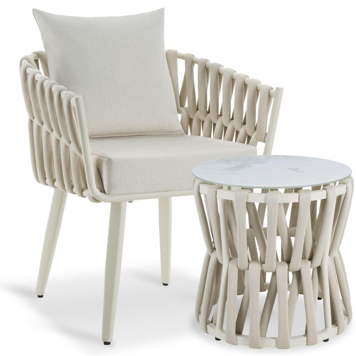 GARTENLOUNGE-SET ALUMINIUM Lugano, höhenverstellbare Kunststofffüße, Sicherheitsglasplatte, beige - Beige/Weiß, Kunststoff - tectake