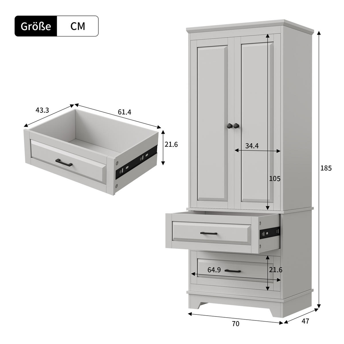 HOCHSCHRANK in Weiß 70/47/185 cm mit 2 Türen und 2 Schubladen Badezimmerschrank - Silberfarben/Weiß, Holz/Metall (47/185/70cm) - BPKADHY
