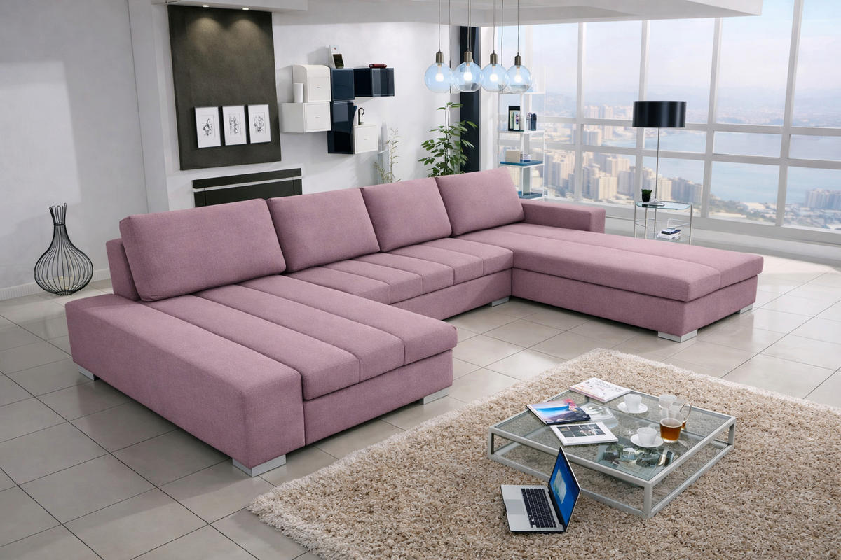 WOHNLANDSCHAFT VERONA U-Form mit Schlaffunktion, Bettkasten und Wellenfederung – Großzügiges Ecksofa 387 cm - Rosa, Kunststoff (387/85/213cm) - Wohnideebilder