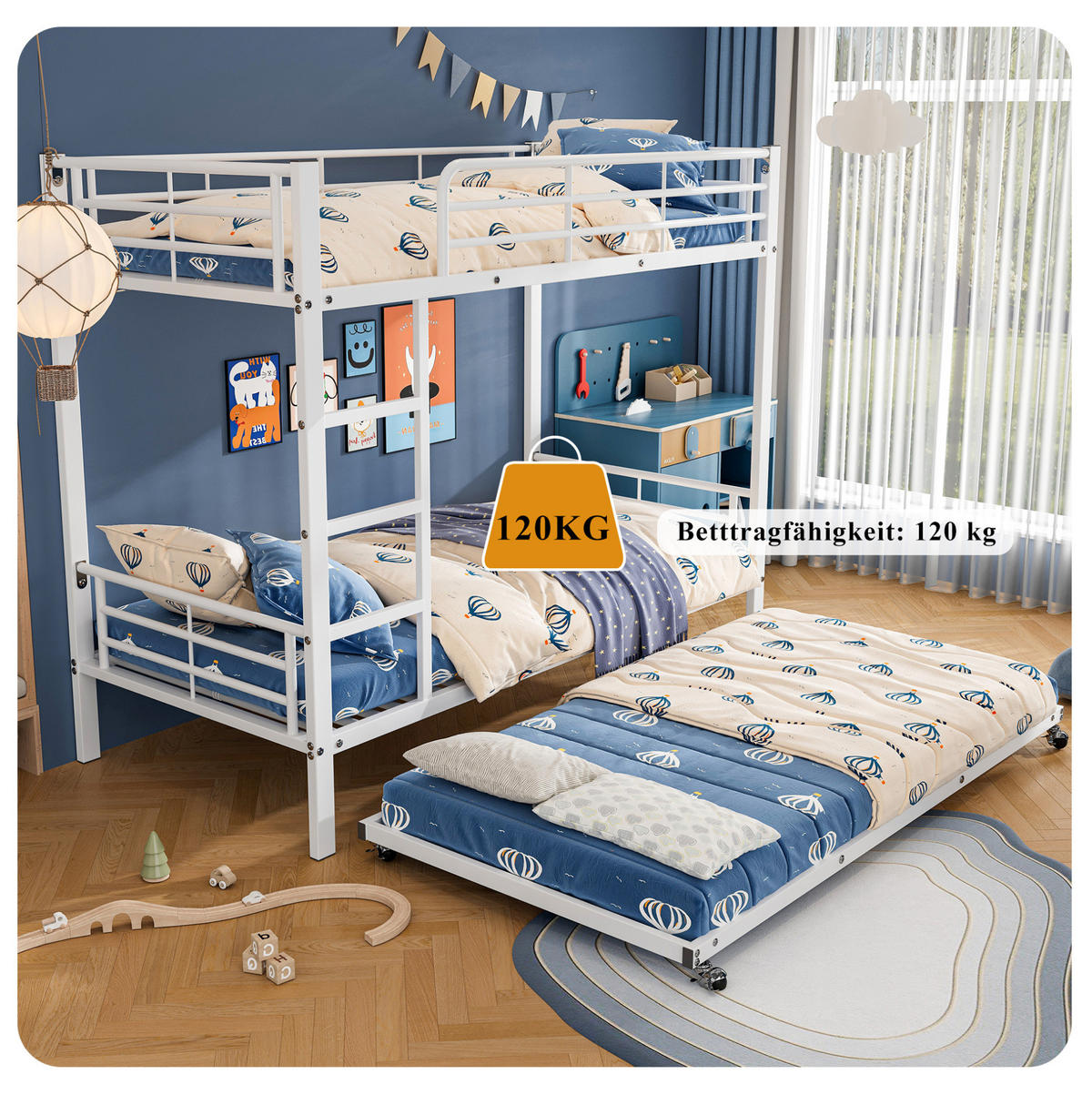 ETAGENBETT aus Metall 90x200 cm Weiß mit Ausziehbett 90x190 cm und Leiter - Weiß, Metall (90/190cm) - IVMEU