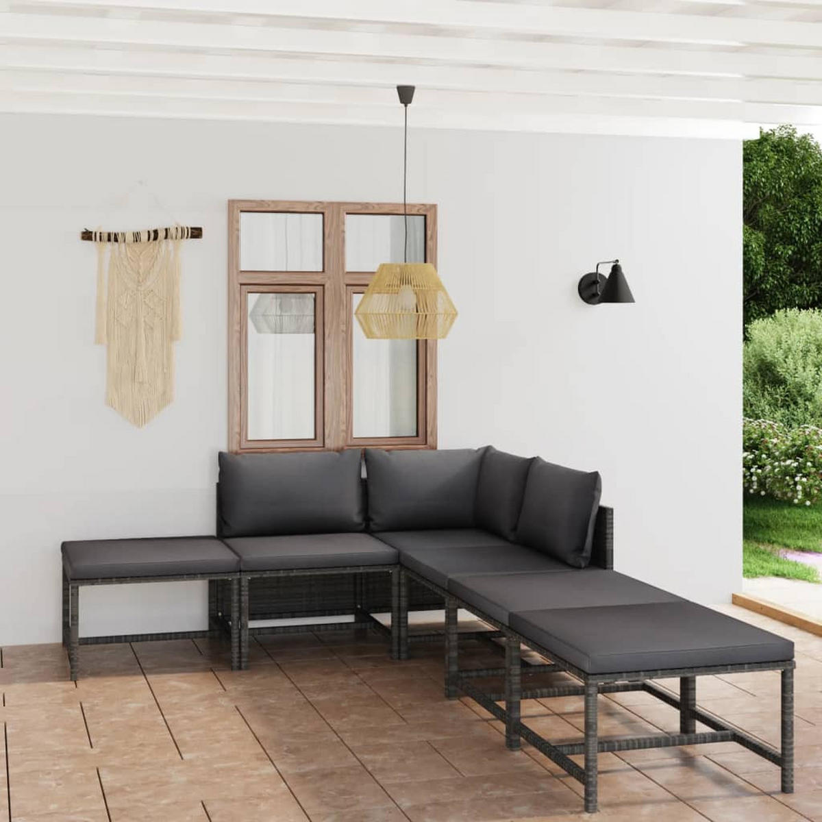 GARTEN-LOUNGE-SET 6-teilig Mit Kissen Poly Rattan Grau - Anthrazit/Grau, Kunststoff/Textil - vidaXL
