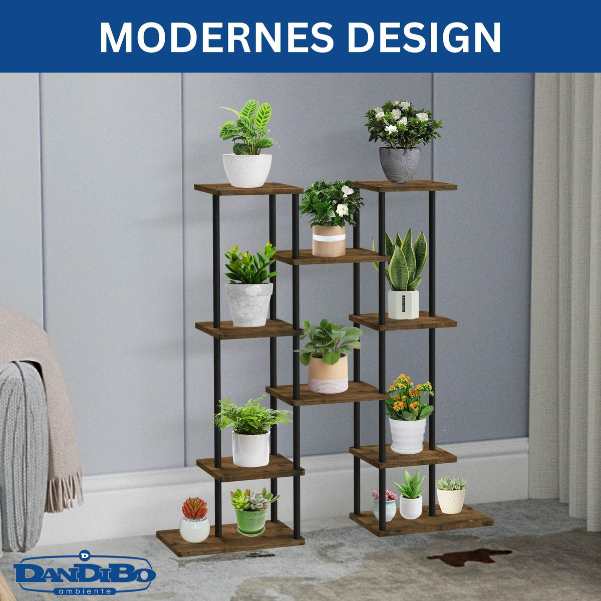 BLUMENTREPPE 6 Etagen Metall/Holz Schwarz 96/22/100 cm - Schwarz, Metall (96/100/22cm) - DanDiBo