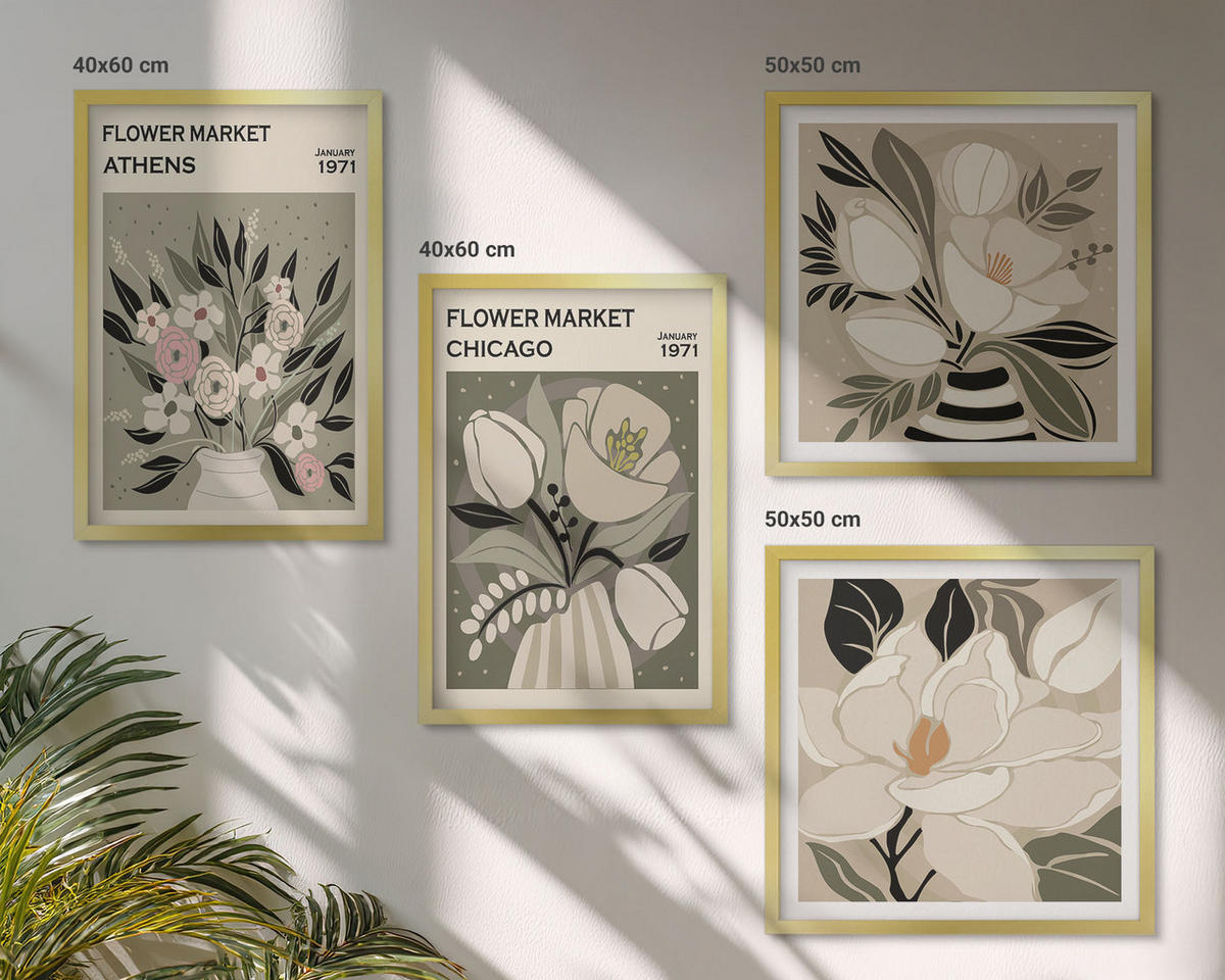 BILDER SET 4er Set - 50x50 cm & 40x60 cm Goldrahmen - Retro-Blumenmuster aus verschiedenen Städten - Goldfarben, Kunststoff (50/50cm) - TULUP