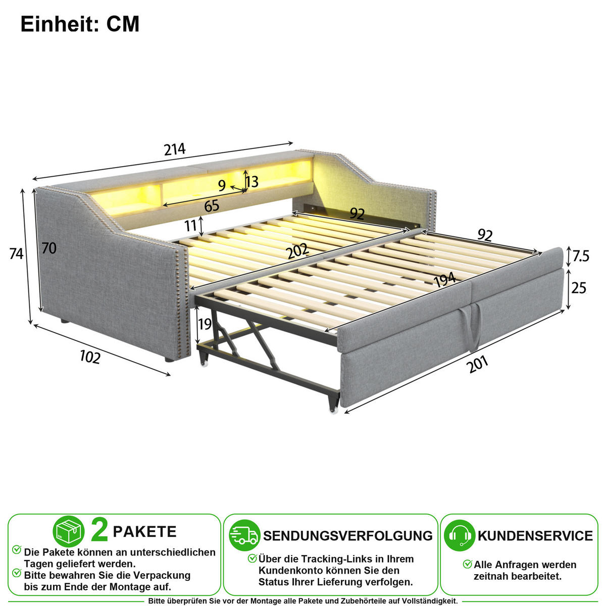 SCHLAFSOFA 90/200 cm & 180/200 cm in Hellgrau mit Ausziehbett, LED und USB aus Leinen - Hellgrau, Holzwerkstoff/Textil (90/200cm) - CHICFURN
