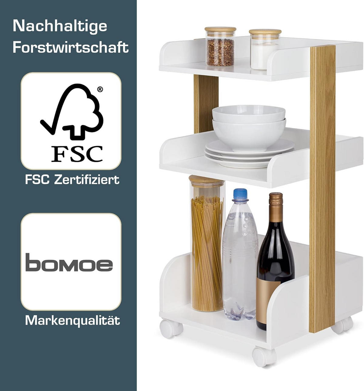 ROLLWAGEN Bosse Weiß-Eiche - Multicolor/Weiß, Holz/Holzwerkstoff (32/69/35cm) - BoMoe