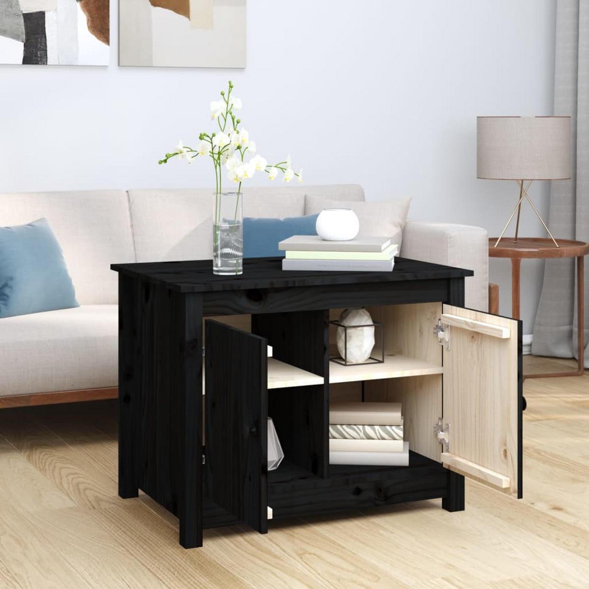 COUCHTISCH Schwarz 71x49x55 cm Massivholz Kiefer - Schwarz, Holz (71/49/55cm) - furnicato