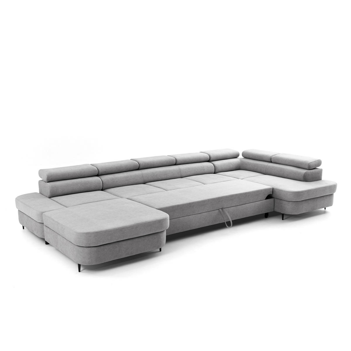 ECKSOFA U-Form PRIAM MAXI U Rechts mit Schlaffunktion 125x317 Velours Hellgrau - Hellgrau/Schwarz, Holz/Textil (400/91/203cm) - Muffo