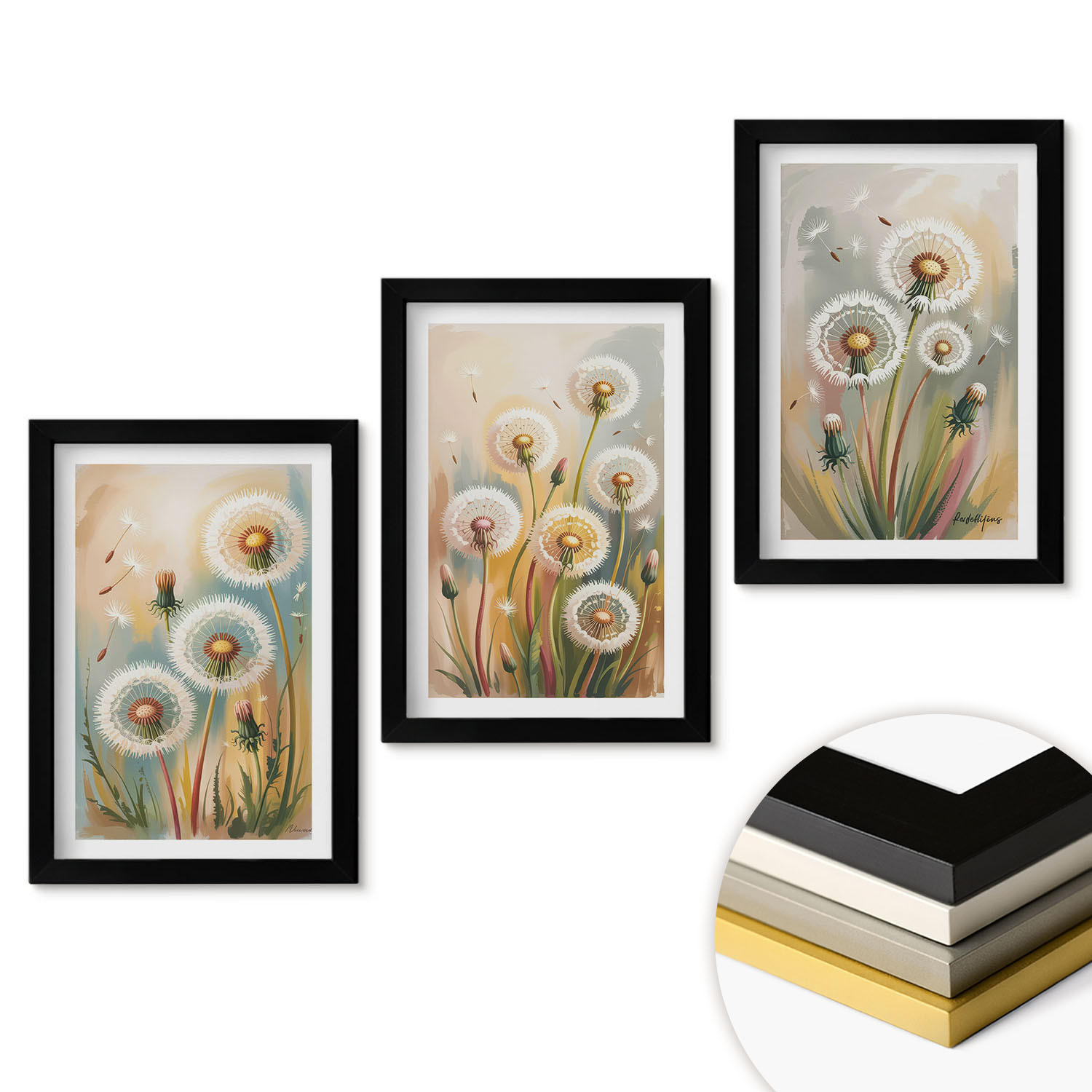 WANDBILDER 3er-Set - 20x30 cm Schwarzer Rahmen - Löwenzahnblüten, pastellfarbene Gräser - Schwarz, Kunststoff (20/30cm) - ArtPrintCave