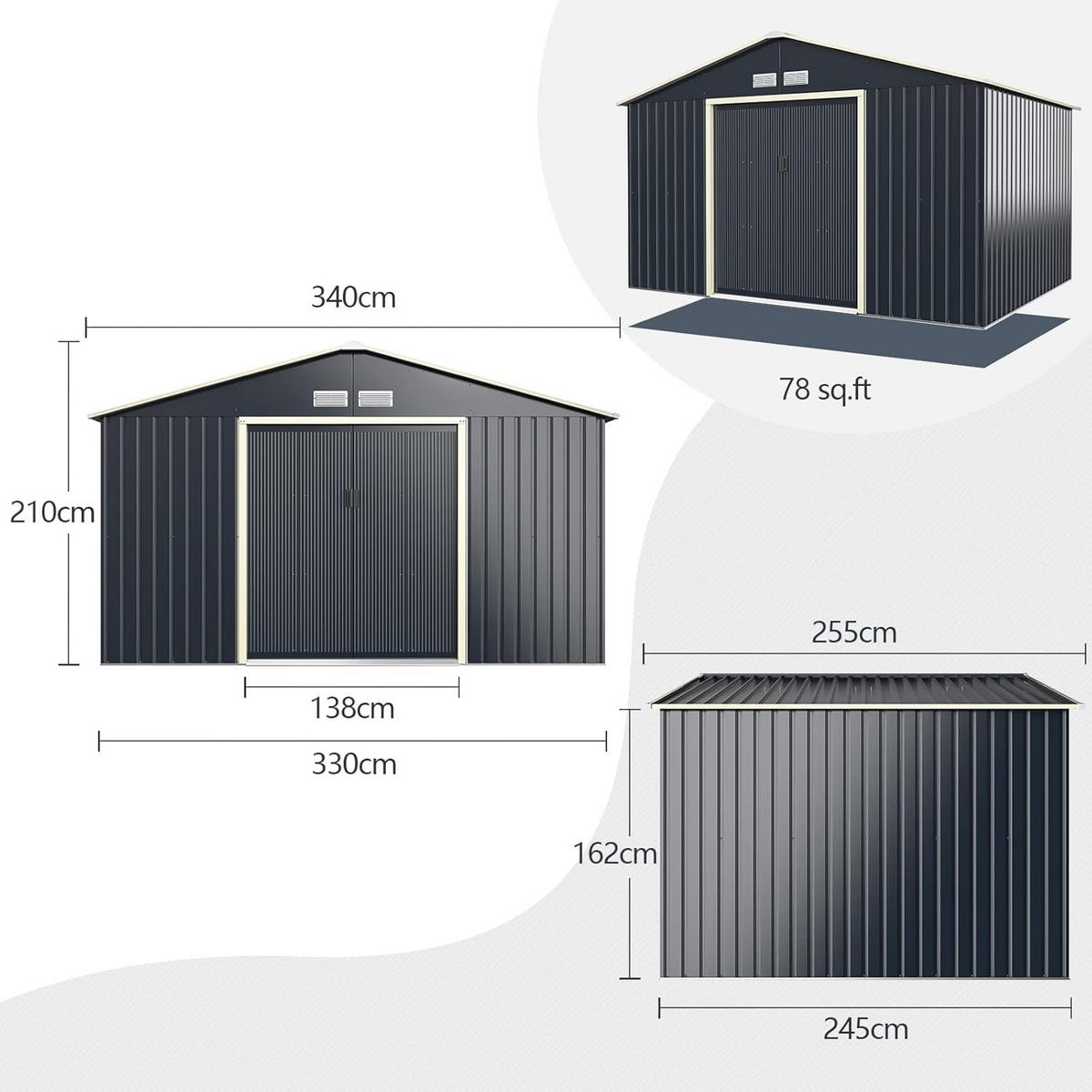 GERÄTESCHUPPEN Grau(4-teilig) - Grau, Metall (255/210/340cm) - COSTWAY