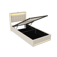 POLSTERBETT 90 x 200 cm mit LED-Beleuchtung an Kopfteil & Fußteil, Ladestation & hydraulischem Stauraum - Beige - Beige, Textil (90/200cm) - DELFA