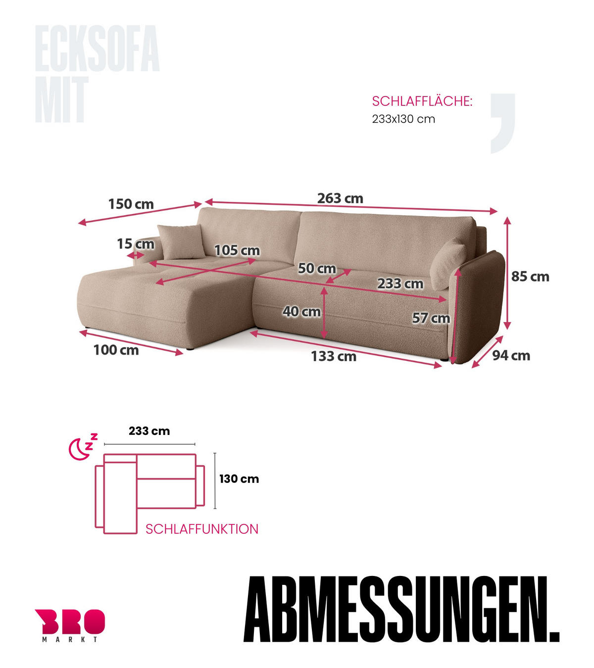 ECKSOFA CLAUDIO mit Schlaffunktion Milchkafee - Creme, Textil (263/150cm) - Bromarkt
