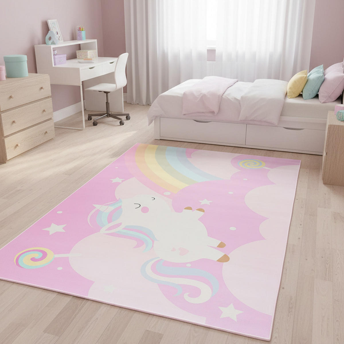 KINDERTEPPICH Bambini Vola Mazovia 80x150cm Rosa Einhorn Kurzflor - Pink, Textil (80/150cm) - Mazovia