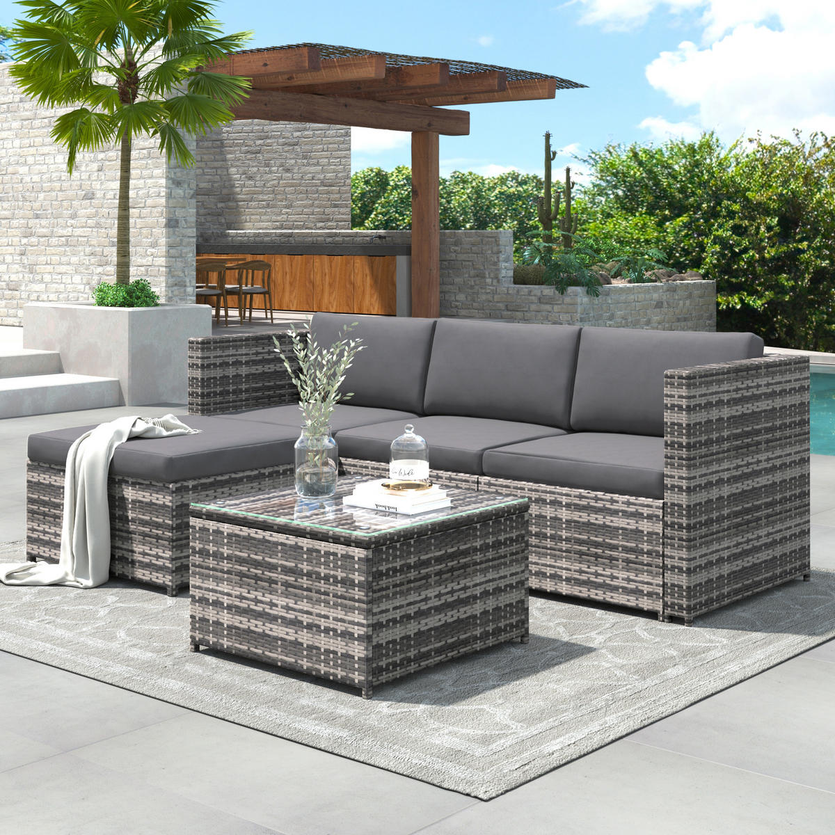 LOUNGESET Grau Poly Rattan Mit Sitzkissen & Glastisch - Grau, Metall - FLIEKS