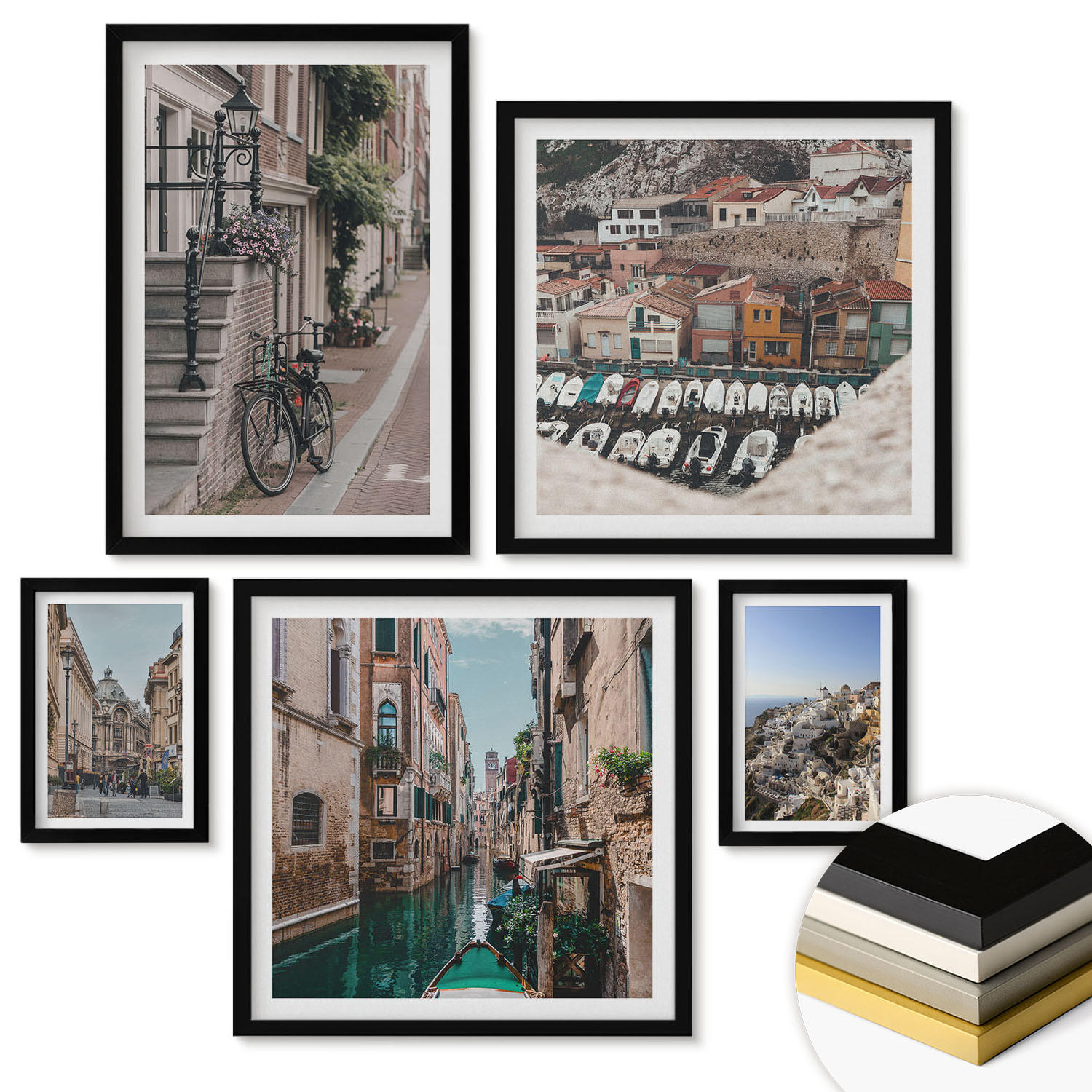 WANDBILDER 5er-Set - 50x50 cm & 20x30 cm & 40x60 cm Schwarzer Rahmen - Blattmuster Marmor abstrakt - Schwarz, Kunststoff (40/60cm) - ArtPrintCave