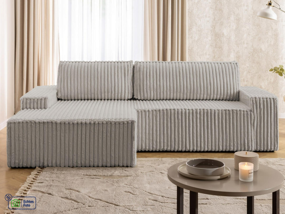 ECKSOFA Rivio mit Schlaffunktion und Bettkasten, Plüschcord Hellgrau - Hellgrau/Schwarz, Holz/Kunststoff (149/262cm) - S-Style