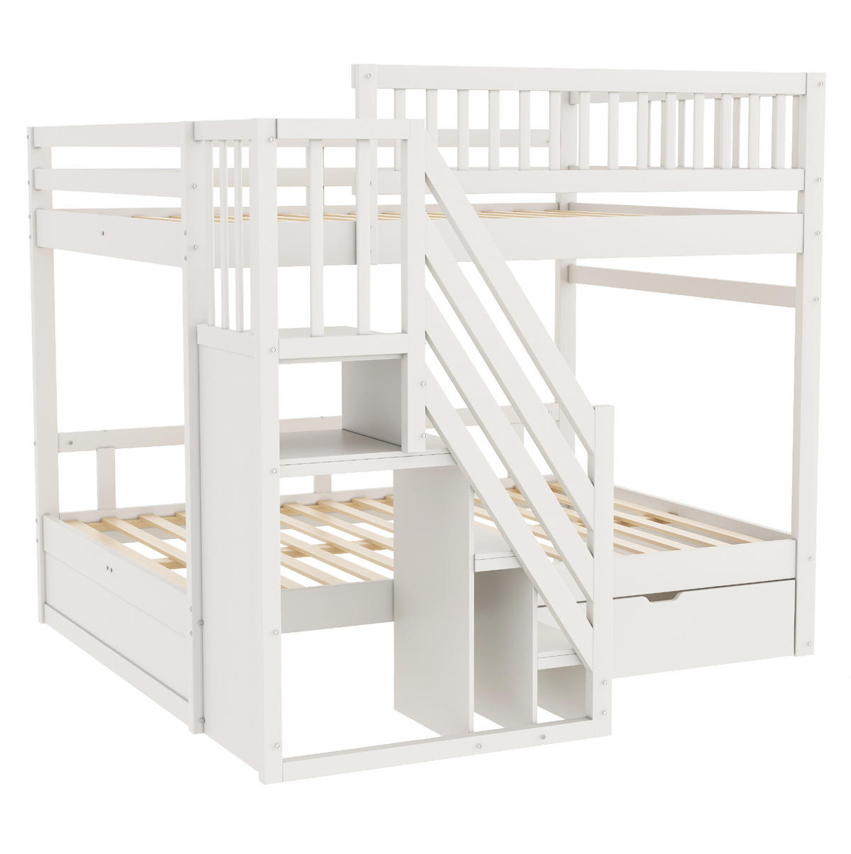 ETAGENBETT 140/200 cm mit Lattenrost, Stauraumtreppe und Schubladen, Weiß - Weiß, Holzwerkstoff (140/200cm) - Redom