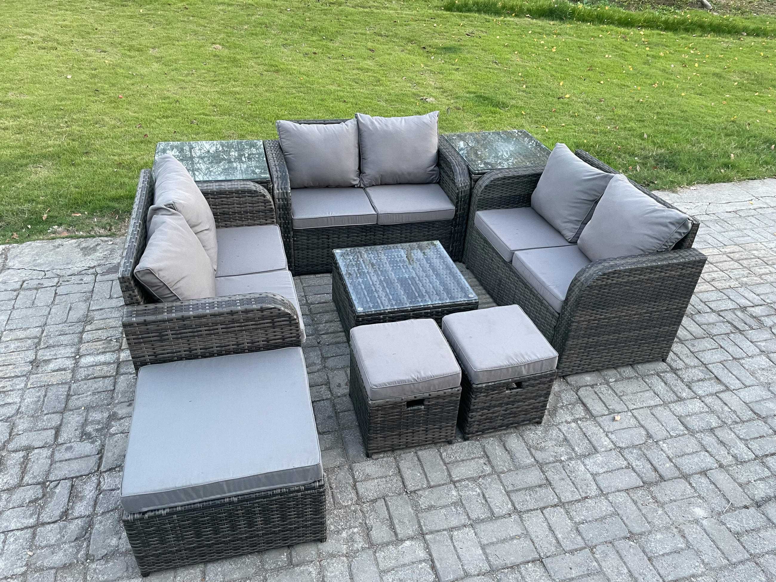 GARTENMÖBELGARNITUR Polyrattan Dunkelgrau 9-Sitzer - Dunkelgrau, Metall - Fimous