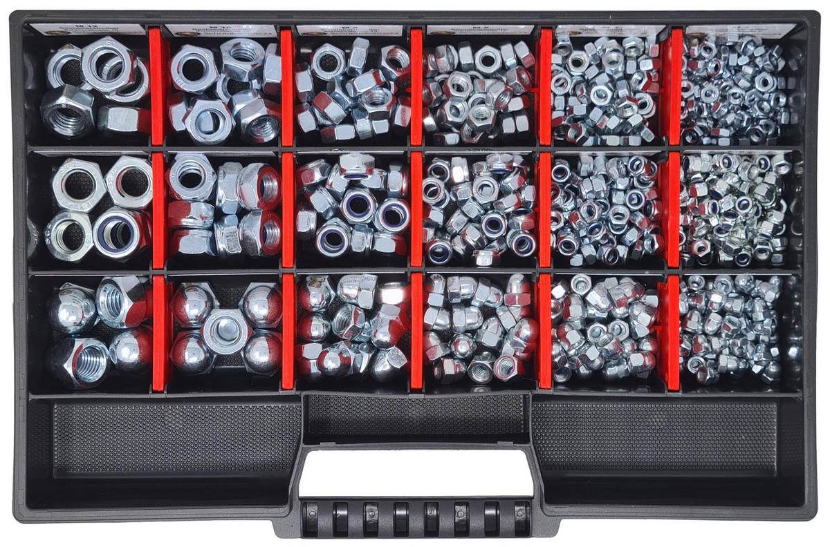 MUTTERN Sortiment M4-M5-M6-M8-M10-M12 554 tlg. Schraubenbox - Zinkfarben, Metall (3.5cm) - Schraubenbox24