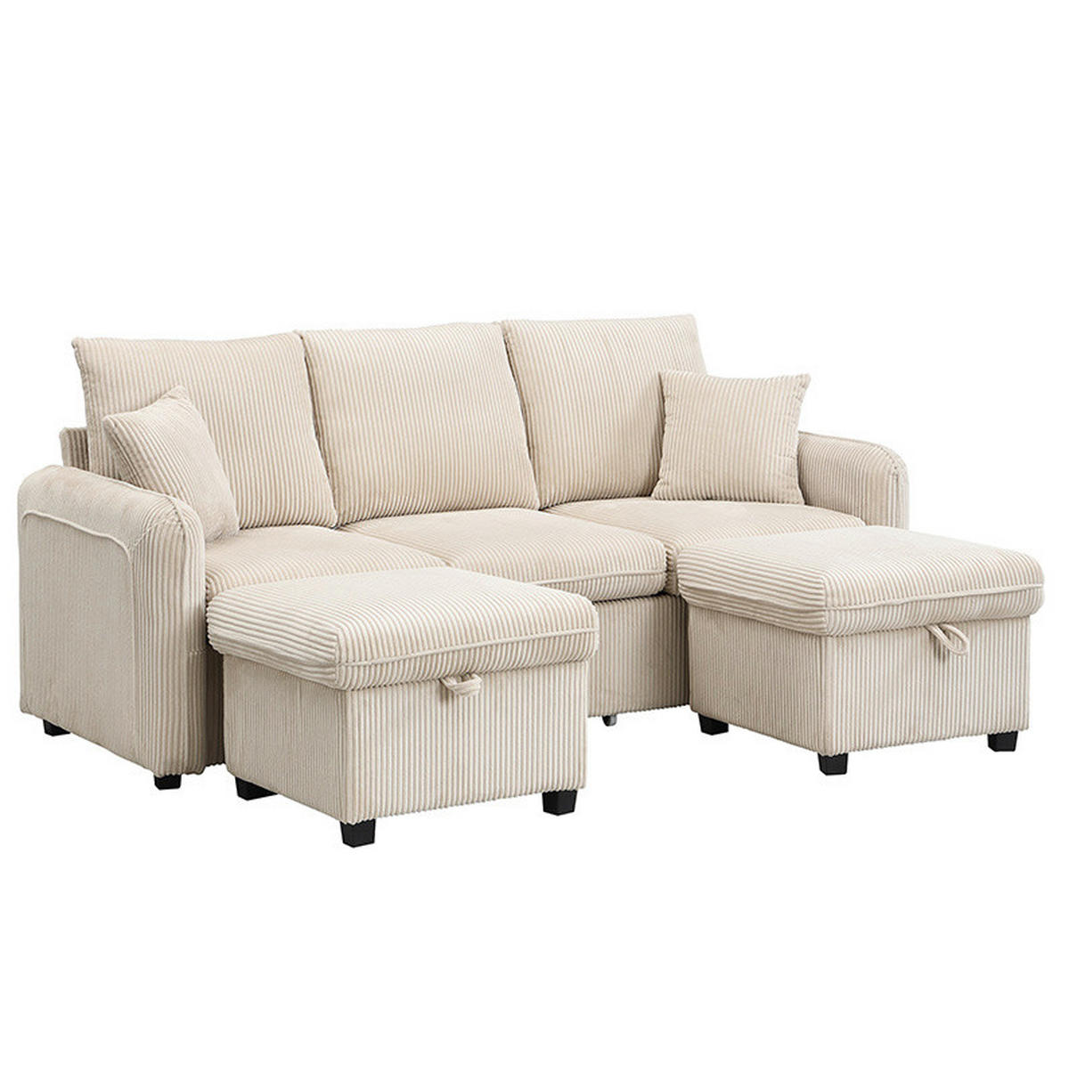 SCHLAFSOFA aus Cord-Stoff mit 2 Hockern 52x52 cm Beige mit Stauraum, Schlaffunktion und modularer Nutzung - Beige, Kunststoff (186/86/188cm) - Modfu