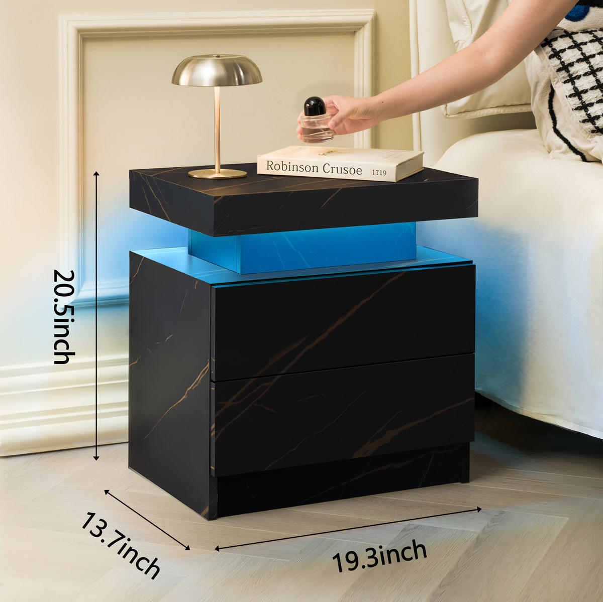 NACHTTISCH 50/53/36 cm mit LED-Beleuchtung in Schwarz/Gold – mit 2 Schubladen & offenem Fach - Schwarz, Holzwerkstoff (53/36/50cm) - BEAOK