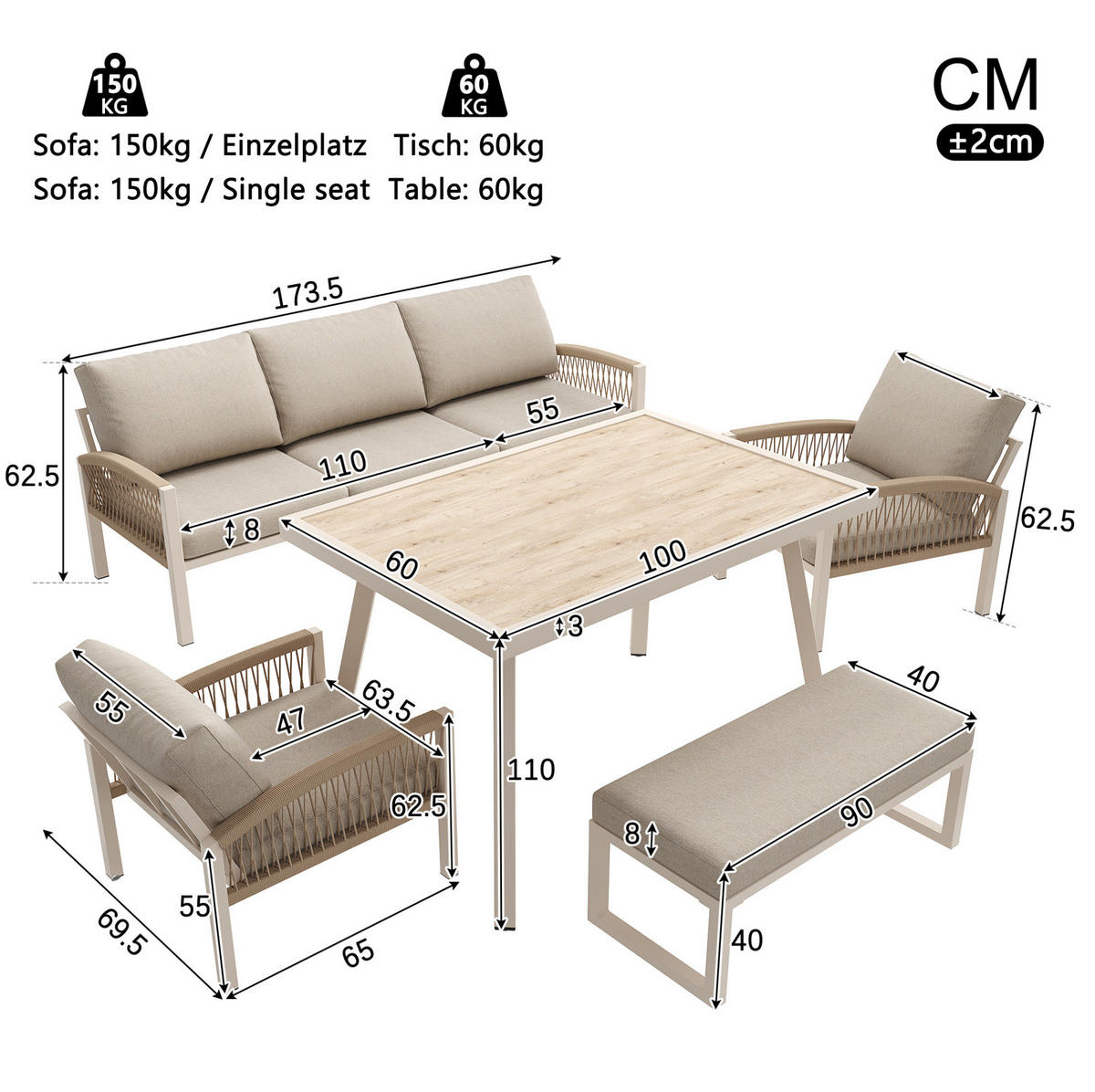 GARTENSETS aus Eisen 173.5x65x62.5cm Beige mit Holzoptik-Glasplatte - Beige, Metall - Modfu