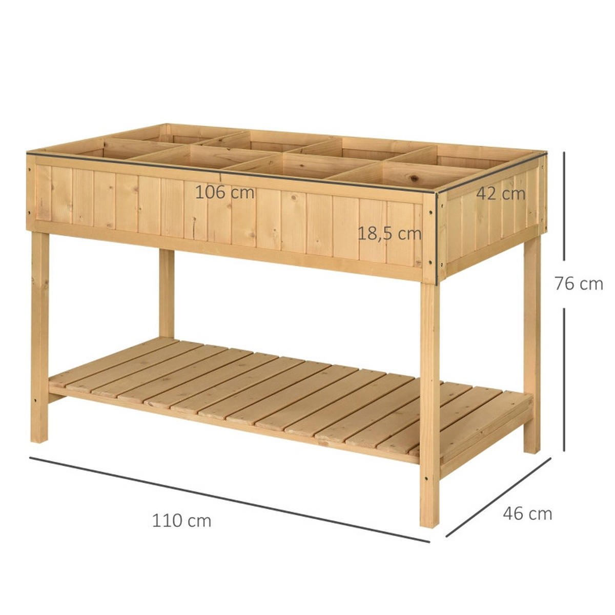HOCHBEET 110/46/76 cm Naturholz mit 8 Fächer mit Abfluss Ablage - Naturfarben, Holz/Metall (46/76/110cm) - Oxeza