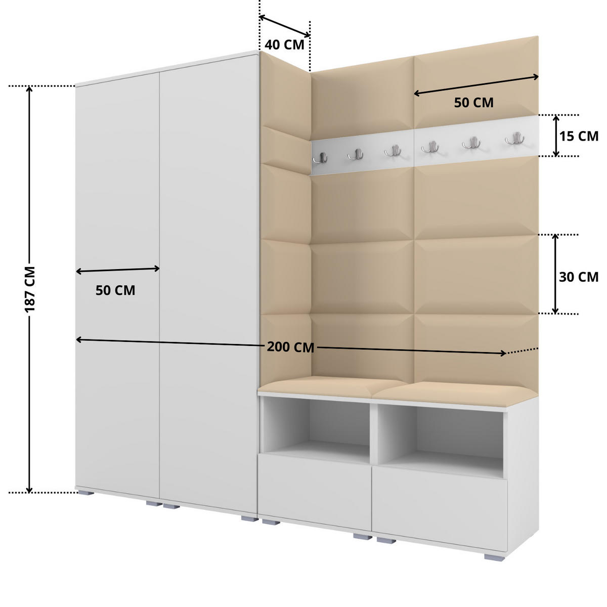 GARDEROBE NELA VI 200 cm (Kompaktgarderobe Weiß mit Sitzpolster Beige 04 Schrank & Paneel) - Beige/Silberfarben, Holz/Holzwerkstoff (200/187/40cm) - Ravio